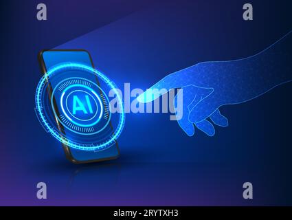 Smartphone empowered with artificial intelligence technology. The gentle touch of fingers highlights how AI seamlessly assists humans in their daily l Stock Vector