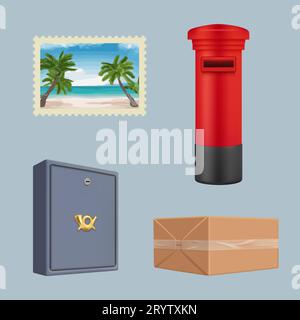 Post office tools. Envelopes boxes wax stamp post packages decent vector realistic pictures collection Stock Vector