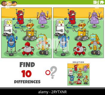 Cartoon illustration of finding the differences between pictures educational task with robots characters group Stock Photo