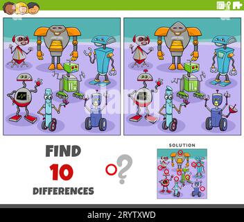 Cartoon illustration of finding the differences between pictures educational game with robots characters group Stock Photo