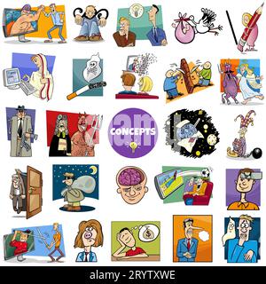 Illustration big set of humorous cartoon concepts or metaphors and ideas with comic characters Stock Photo