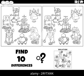 Black and white cartoon illustration of finding the differences between pictures educational task with robots characters group coloring page Stock Photo