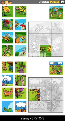 Cartoon illustration of educational jigsaw puzzle games set with insects animal characters group Stock Photo