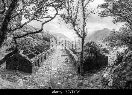 These are Anglesey Barracks miners cottages at the abandoned Dinorwig slate quarry near the Welsh village of Llanberis in Snowdonia National Park Stock Photo