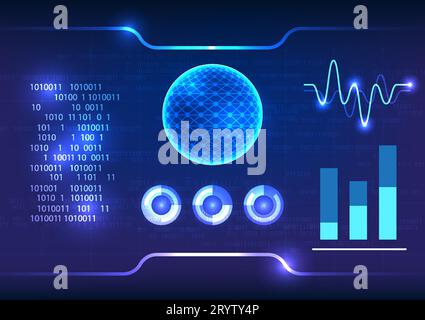 Concept of screen technology. showcases a central circle surrounded by dynamic wave line elements, graph charts, and numerical codes, representing the Stock Vector