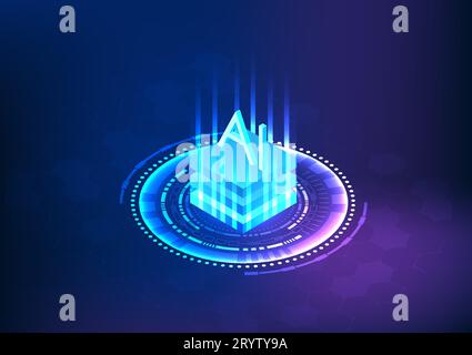 Isometric, with the composition of the image, is an AI microchip. Below is a technology circle. It means smart, artificial intelligence technology tha Stock Vector