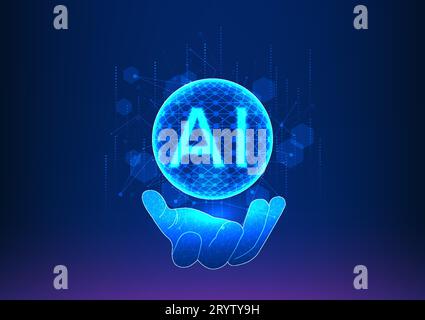 Hand reaching towards an inner ball, accompanied by AI. Artificial intelligence technology assists humans to search and discover answers, revolutioniz Stock Vector