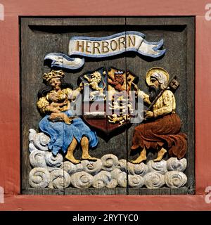 Detail of the surrounding coat of arms frieze on the town hall, old town, Herborn, Germany, Europe Stock Photo