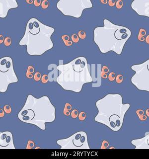 Cute ghost Halloween seamless pattern. Background of funny characters for kid textiles, paper, packaging and design. Festive boo baby print, vector Stock Vector