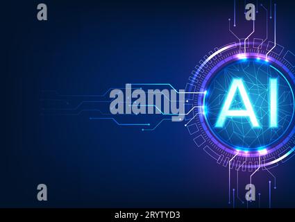Connection of artificial intelligence technology. Featuring the AI letter within a technology circle and a circuit linking to it, it represents the sy Stock Vector