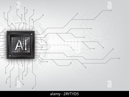 Artificial intelligence technology with a vector illustration showcasing a microchip surrounded by a circuit board. Discover the seamless integration Stock Vector