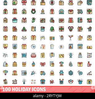 100 holiday icons set. Color line set of holiday vector icons thin line color flat on white Stock Vector