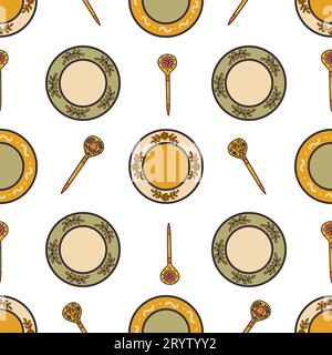 Seamless pattern with different vintage plates and wooden painted spoons on white background. Tableware in old russian style. Colorful vector illustra Stock Vector