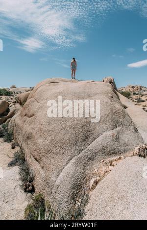 A mature man stands on a large rock formation, looking up at the expansive blue sky and fluffy white clouds Stock Photo