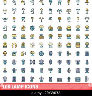 100 lamp icons set. Color line set of lamp vector icons thin line color flat on white Stock Vector