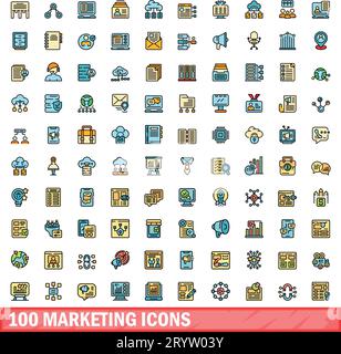 100 marketing icons set. Color line set of marketing vector icons thin line color flat on white Stock Vector