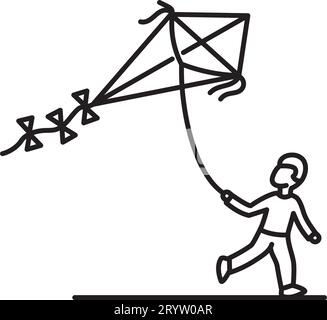 Boy flying a kite vector line icon for National Kite Flying Day on February 8 Stock Vector