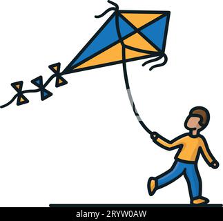 Boy flying a kite isolated vector illustration for National Kite Flying Day on February 8 Stock Vector
