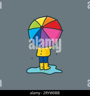 Kid with rainbow colored umbrella standing in puddle vector illustration for National Umbrella Day on February 10 Stock Vector