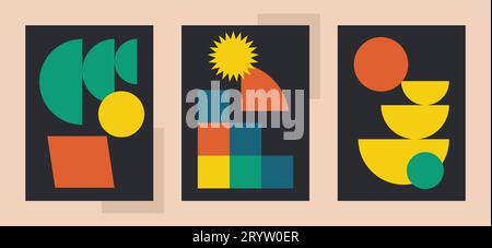 Naive brutalist poster set print. Groovy circle oval rectangle typography in trendy retro 90s cartoon style. Vector illustration with wavy geometric d Stock Vector