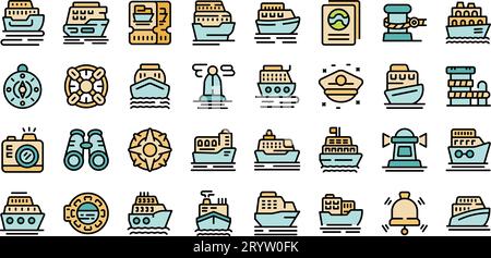 Travel by ship icons set outline vector. Sea boat. Ferry cruise thin line color flat on white Stock Vector
