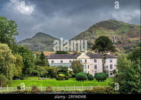 The image is of the Royal Victoria Hotel located in the town of Llanberis in the Snowdonia National Park of North Wales. Stock Photo