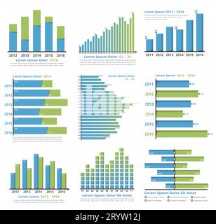 Graphs and charts templates for statistics or data visualization, set of 9 infographic templates for reports and presentations, vector eps10 illustrat Stock Vector