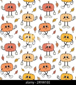 Vector seamless pattern of retro groovy cartoon pumpkins and leaves isolated on white background Stock Vector