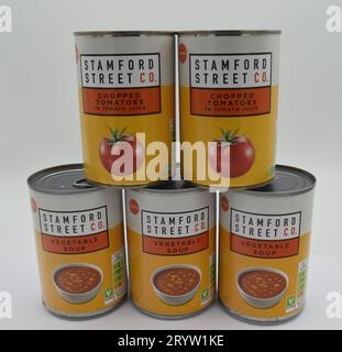 Sainsbury's supermarket has moved its value brands, including tinned soup and tinned tomatoes, to a new label - Stamford Street Co. Stock Photo