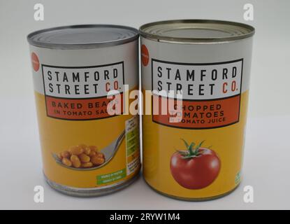 Sainsbury's supermarket has moved its value brands, including baked beans and tinned tomatoes, to a new label - Stamford Street Co. Stock Photo