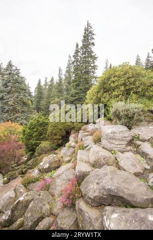 The rock garden falls immediately behind Cragside House, Northumberland, with some tricky paths that take you down towards the Iron Bridge, Stock Photo