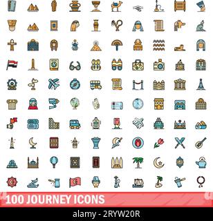 100 journey icons set. Color line set of journey vector icons thin line color flat on white Stock Vector
