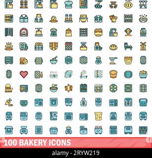 100 bakery icons set. Color line set of bakery vector icons thin line color flat on white Stock Vector