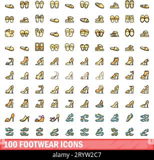 100 footwear icons set. Color line set of footwear vector icons thin line color flat on white Stock Vector