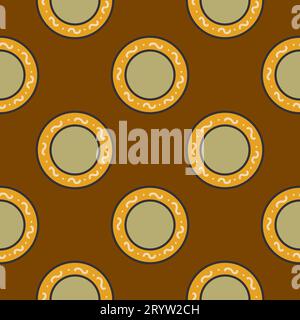 Seamless pattern with vintage plates on brown background. Kitchen utensils, tableware in old style. Colorful vector illustration hand drawn doodle wit Stock Vector