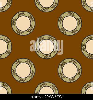 Seamless pattern with vintage plates on brown background. Kitchen utensils, tableware in old style. Colorful vector illustration hand drawn doodle wit Stock Vector