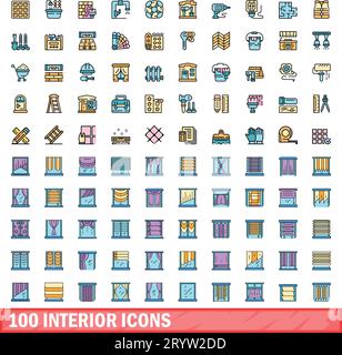 100 interior icons set. Color line set of interior vector icons thin line color flat on white Stock Vector