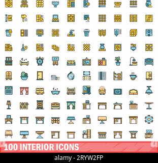 100 interior icons set. Color line set of interior vector icons thin line color flat on white Stock Vector