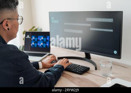 Ai Digital art generator: Business woman creating illustration or images with artificial intelligence inside office - Chat bot technology trend Stock Photo