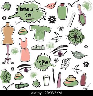 Set of Beauty Items Objects Elements Icons with Spa, Fashion Doodles in Various Colors - Vector Design Illustration from Hand Drawn Artwork - Dress Stock Vector