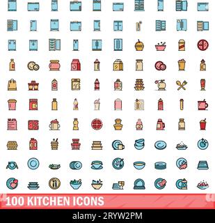 100 kitchen icons set. Color line set of kitchen vector icons thin line color flat on white Stock Vector