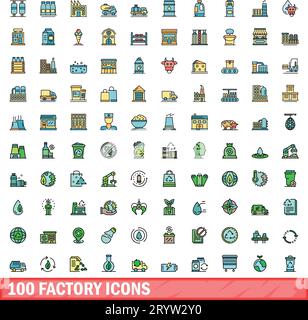 100 factory icons set. Color line set of factory vector icons thin line color flat on white Stock Vector