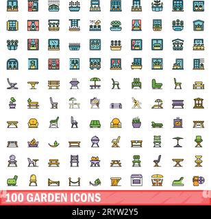 100 garden icons set. Color line set of garden vector icons thin line color flat on white Stock Vector
