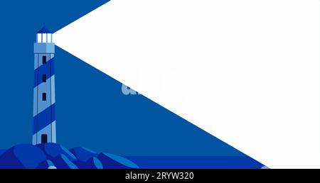 Lighthouse banner with light ray in dark. Beacon in stones, sea or ocean adventures symbol. Flat minimal poster for marine ad, decent vector Stock Vector