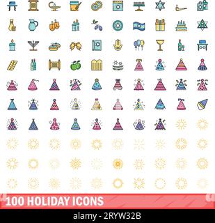 100 holiday icons set. Color line set of holiday vector icons thin line color flat on white Stock Vector