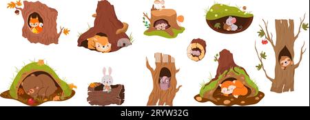 Forest animals inside holes and burrows. Tree burrow and hole in earth. Bear hibernation, mouse, red fox and owl. Deer peeking, nowaday vector set Stock Vector