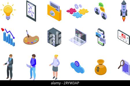 Product Development icons set isometric vector. Benefit plan. Team agile Stock Vector