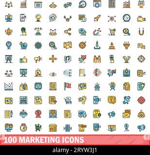 100 marketing icons set. Color line set of marketing vector icons thin line color flat on white Stock Vector