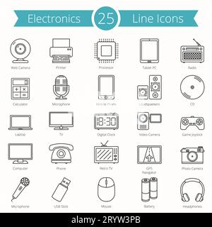 25 Electronics line icons, vector eps10 illustration Stock Vector