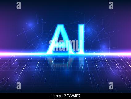 Experience a futuristic vector illustration technology concept. AI character surrounded by light-directed stripes signifies the role of artificial int Stock Vector